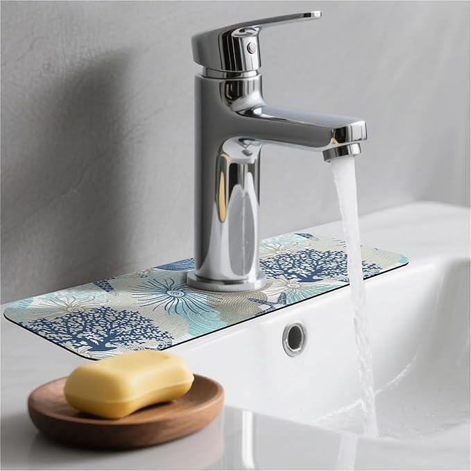 Kitchen Sink Splash Guard，Cute corals and seashells Faucet Mat Sink Gadgets-Super Absorbent Fast Drying Mat Drip Catcher for Kitchen, Bathroom,Sink Mat, Dish Drying Mat, Bathroom(15" X 5.5" )