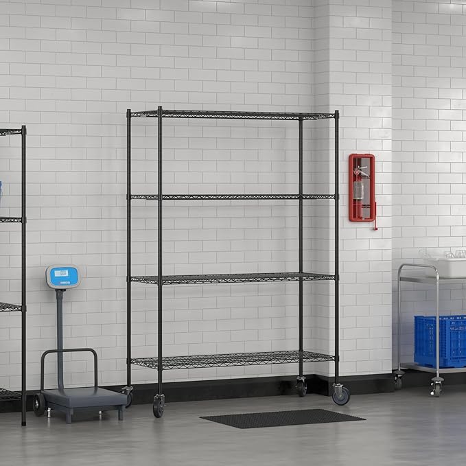 Commercial NSF Listed Black Epoxy Mobile Wire Shelving Kit 21" x 54" x 80", with 4 Shelves Perfect for Warehouse, Walk-in Refrigerator, Freezer, Grocery Store, Restaurant, Dishroom