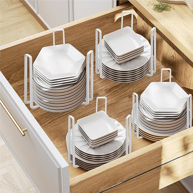 Dinnerware Bowl Plate Holder Fit for 6.5 Inches Diameters Bowl, Metal Bowl Storage Dying Display Rack for Kitchen Drawer, Countertop, Cabinet, Shelf, Cupboard (White, Large 4PCS)