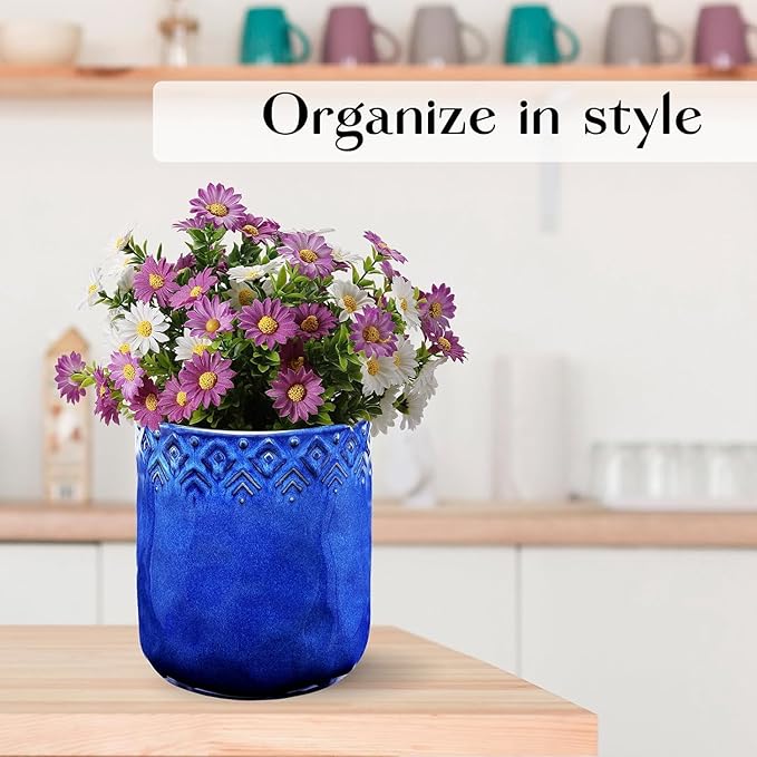 Ceramic Utensils Holder，Extra Large Stable Ceramic Cooking Tool Organizer Set for Kitchen，For Countertop ,Navy Blue