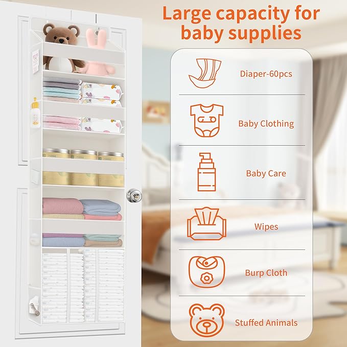 1 PC Over the Door Diaper Organizer with 1 Large Capacity Caddy, 4 Shelf & 10 Mesh Side Pockets, Baby Stuff Hanging Caddy Storage and Newborn Essentials Closet Organizer for Nursery, Bedroom
