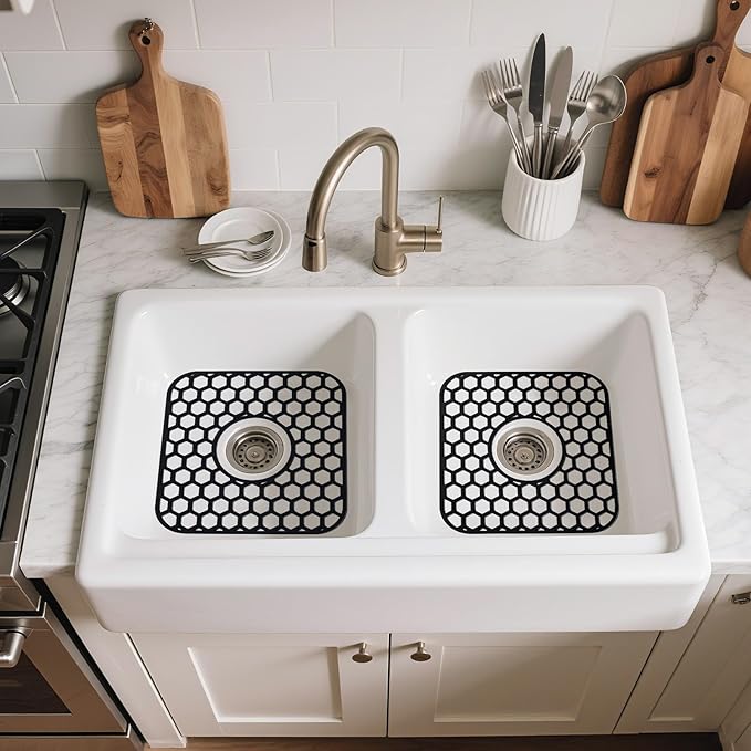Bestjing Silicone Sink Protectors for Kitchen Sink - 12" x 11" Kitchen Grid Accessory, Non-Slip Heat-Resistant Mat for Bottom of Porcelain Stainless Steel, Dishwasher Safe (Black)