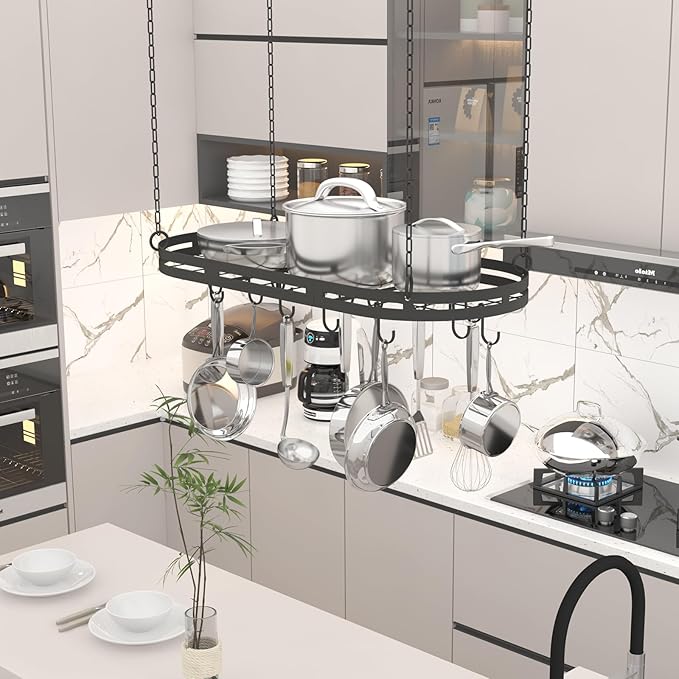 33” Hanging Pot Rack Ceiling Mount, Black Metal Pan Rack Hanging with 15 Hooks, Oval Pots and Pans Hanging Rack, Ceiling Hanging Pot Racks with Grid, Pan and Pot hangers for Kitchen Cookware Utensils