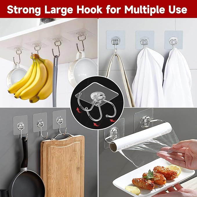 Strjobaili 12 Pack Large Adhesive Hooks for 44 lb(Max) Hanging Heavy Duty, Self Adhesive Sticky Hooks Waterproof Stainless Steel Wall Hook for Home Bathroom Shower Kitchen Outdoor Utility Hooks