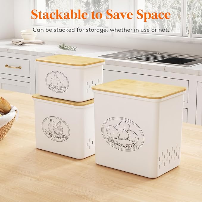 Lifewit Potato and Onion Storage Bin, Stackable Garlic Keeper with Aerating Holes and Lid, Plastic Vegetable Container Box for Pantry Countertop, White, 24 x 18 x 24 cm/9.5 x 7 x 9.5 inch, Set of 3
