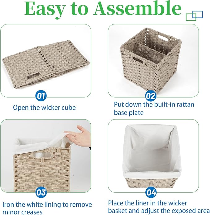 Bidtakay Wicker Storage Baskets for Organizing 4-Pack Hand-Woven Imitation Wicker Cube Storage Bins with Liners for Shelves Closet Cabinet 11x11 Waterproof Cube Organizer for Pantry-Greyish Beige