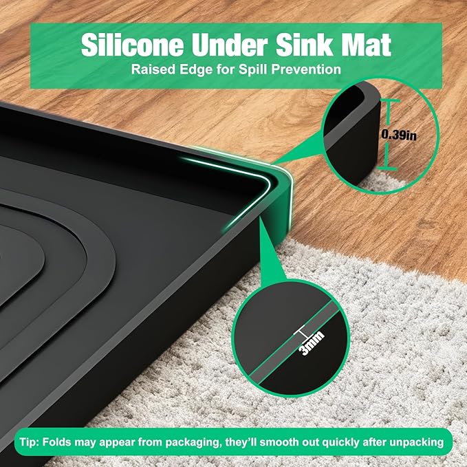 Aisslro Under Sink Mat 34" X 22", Waterproof Silicone Under Sink Mats for Kitchen, Anti-Leak Shelf Liner & Cabinet Protector with Raised Edge, [BPA Free] Bathroom Tray Home Organizer, Black