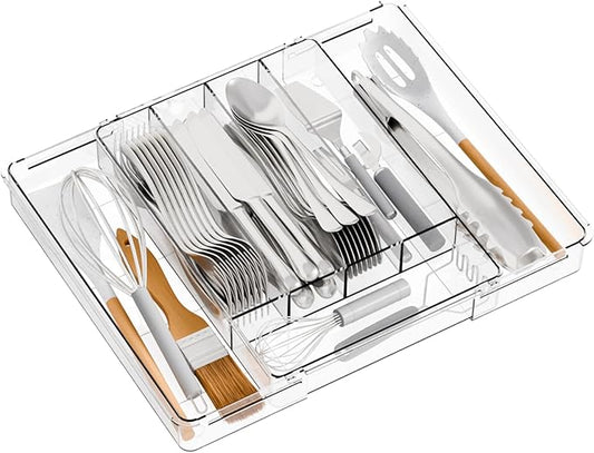 Yieach Clear Expandable Silverware Drawer Organizer,9.4-15.6In Adjustable Silverware Tray for Drawer,Plastic Kitchen Utensil Drawer Organizer for Cutlery,Flatware Organizers and Fork and Spoon Holder