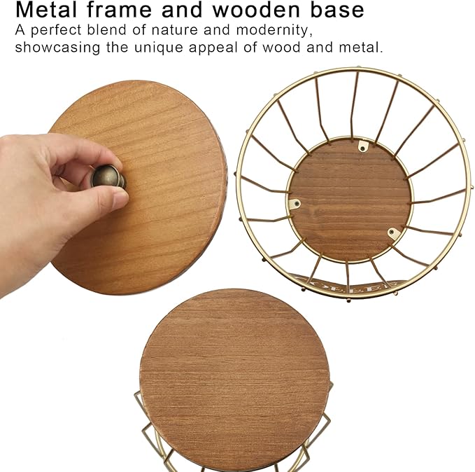 Round Coffee Pods Holder with Wooden Lid and Base,Wire Coffee Pods Storage Basket for Home Cafe Bar Countertop Decor(Gold)
