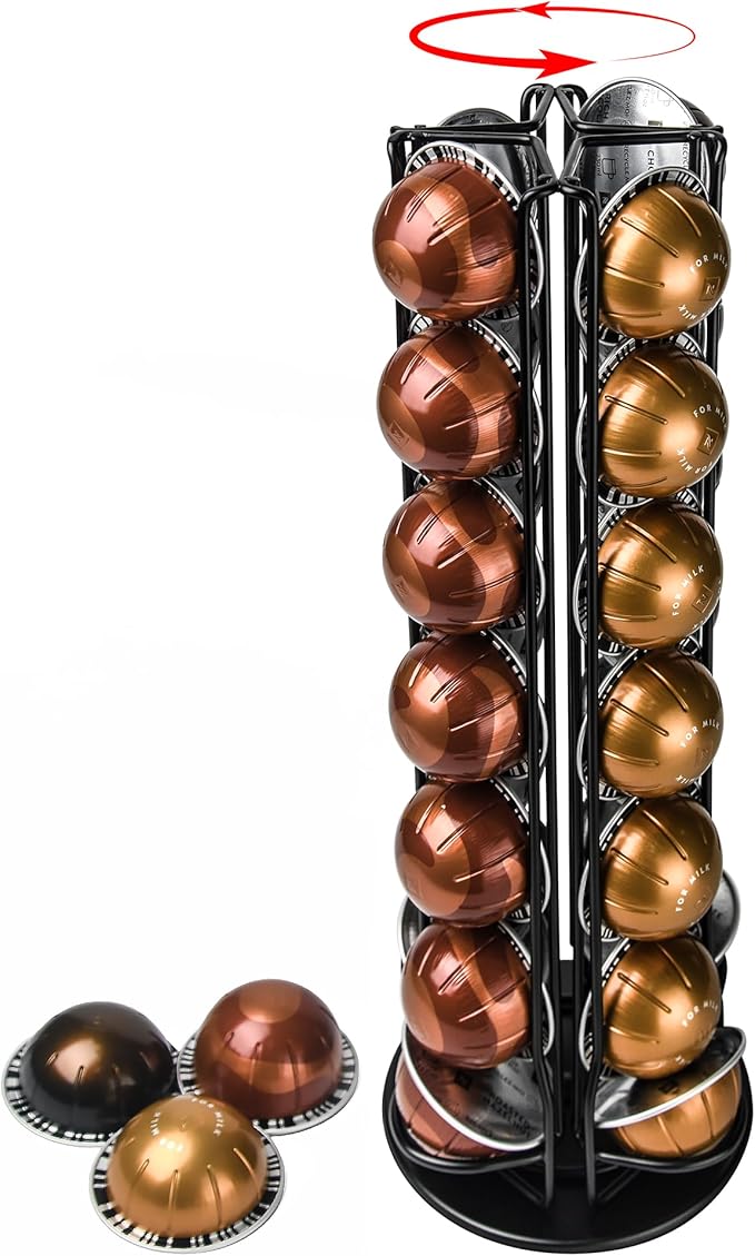 28 Coffee Pods Holder - Black - 360° Spinning Coffee Pod Carousel Stand | Holds 28 Capsules | Compact Countertop Organizer with Silent Rotation, Durable & Modern