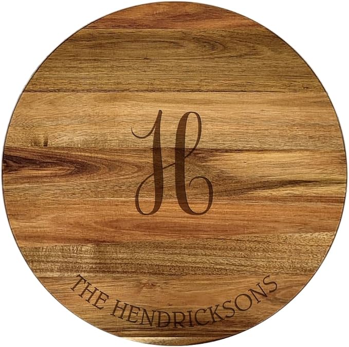 Engraved Family Name and Script Initial Personalized Lazy Susan, 16" Rotating Tray Brown