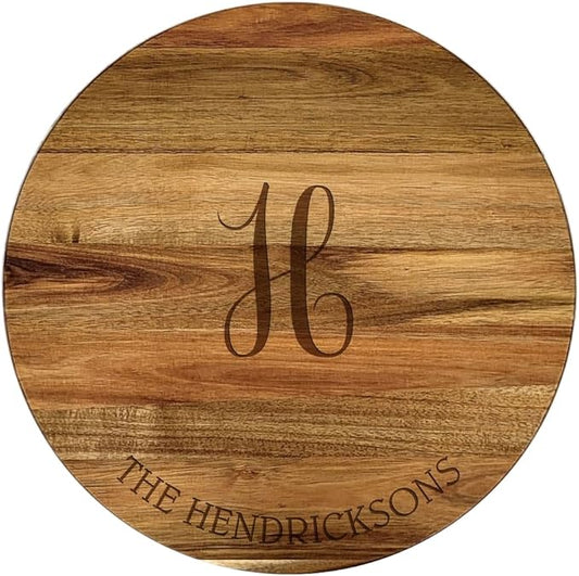 Engraved Family Name and Script Initial Personalized Lazy Susan, 16" Rotating Tray Brown