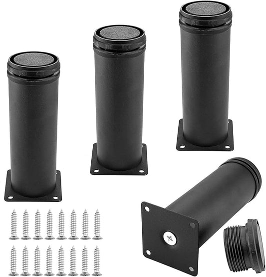Set of 4 Stainless Steel Furniture Legs 6 Inch, Adjustable Round Cabinet Legs 2" Dia Kitchen Feet, Metal Replacement Legs for Cabinet Sofa Couch Shelves Table (Black)