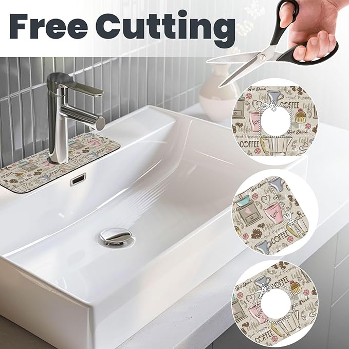 Coffee Time Vintage Espresso Machine Cupcakes Beans Kitchen Sink Splash Guard Faucet Mat 1 Pcs, Absorbent Fast Drying Mat Gadgets Splash Guard For Bathroom 15 X 5.5 Inches