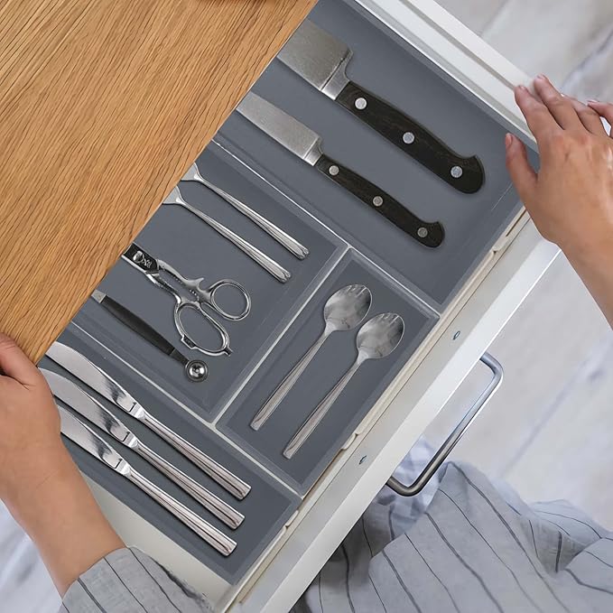 Bamboo Drawer Organizer - Kitchen Utensil Organizer Silverware Tray Cutlery Holder，Office Desk Supplies and Accessories,12 * 3 * 2.6,Grey