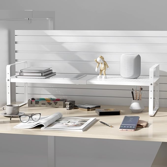 Expandable Cabinet Shelf Organizer Adjustable Metal Spice Rack Stackable Freestanding Counter Storage Shelves for Kitchen Cabinet Under Sink Office Desk (White - 2Pack - L16.5-27'' * W8'' * H9.6'')