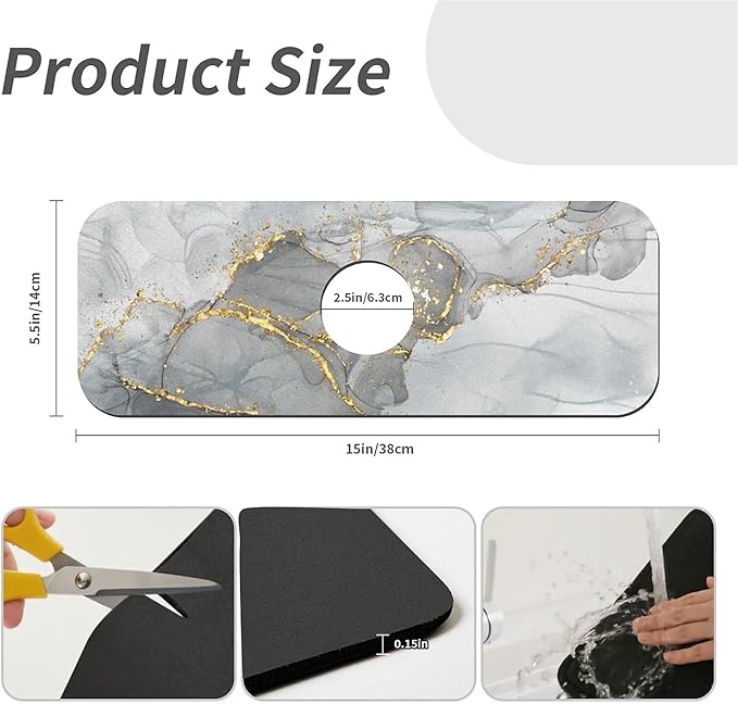 Kitchen Sink Splash Guard，Gold grey marble Faucet Mat Sink Gadgets-Super Absorbent Fast Drying Mat Drip Catcher for Kitchen, Bathroom,Sink Mat, Dish Drying Mat, Bathroom(15" X 5.5" )
