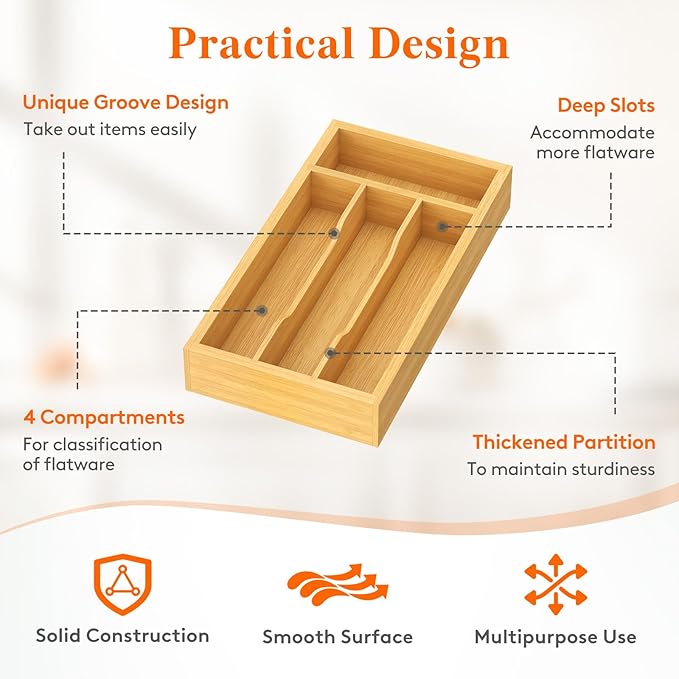Lifewit Silverware Drawer Organizer, Expandable Utensil Tray for Kitchen, Bamboo Flatware and Cutlery Holder, Wood Adjustable Storage for Spoons Forks Knives, 6.9 x 12.8", Natural
