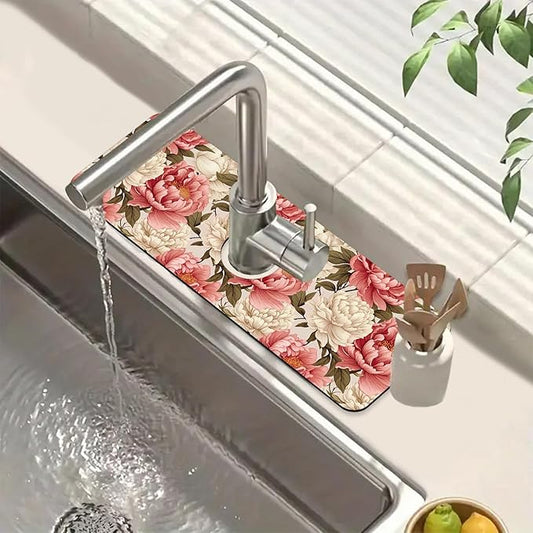 Beautiful Peony Sink Splash Guard Bright Peonies Faucet Absorbing Mat Fast Drying Mat Sink Gadgets Splash Guard Behind Faucet Drip Catcher for Kitchen Bathroom, 15.5"x5.5"