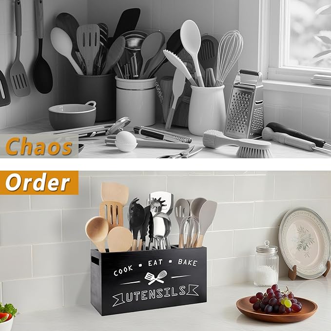 Large Black Utensil Organizer with Removable Dividers - Ideal Wooden Kitchen Countertop Organizer （black 4 Compartment）
