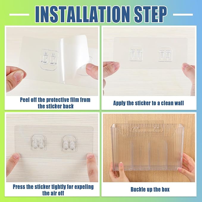 6 Pack Plastic Adhesive Mount Cabinet Door Organizer Bins Clear Wall Mounted Storage Organization Container Makeup Shelves Hanging Basket for Kitchen, Bathroom, Pantry, Space Saving Holder