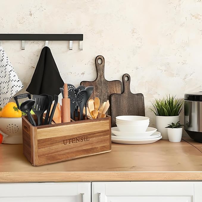 Acacia Wood Utensil Holder for Kitchen Counter, 4 Compartment Farmhouse Heavy-Duty Flatware Caddy & Silverware Organizer - Large Kitchen Decor for Spoons, Forks, Parties, Coffee Bar & RV