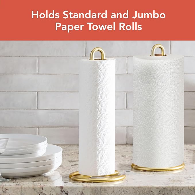 Spectrum Euro Modern Paper Towel Holder Countertop Kitchen Organizer Vertical Standing Roll Dispenser, Weighted Paper Towel Base Durable Steel Construction Fits Standard Jumbo Rolls, Matte White