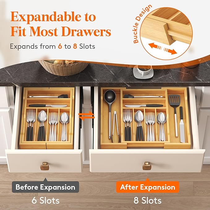 Lifewit Silverware Drawer Organizer, Expandable Utensil Tray for Kitchen, Bamboo Flatware and Cutlery Holder, Wood Adjustable Storage for Spoons Forks Knives, 28- 47 x 38cm, Natural
