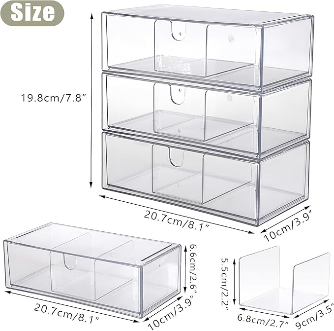 Hipiwe Acrylic Storage Drawers 3-Tier Stackable Bathroom Makeup Organizer Cotton Swabs Qtip Holder for Vanity Cosmetics Clear Desktop Organizer with Removable Dividers, 8.1"Lx 3.9"Wx7.8"H