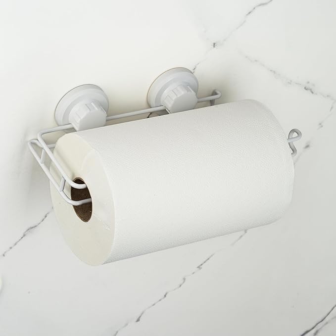 HASKO Suction Cup Paper Towel Holder, Wall Mount Metal Organizer for Bathroom & Kitchen, SUS 304 Stainless Steel Tissue Roll Hanger, Includes Optional No Drill Adhesive Mount, White