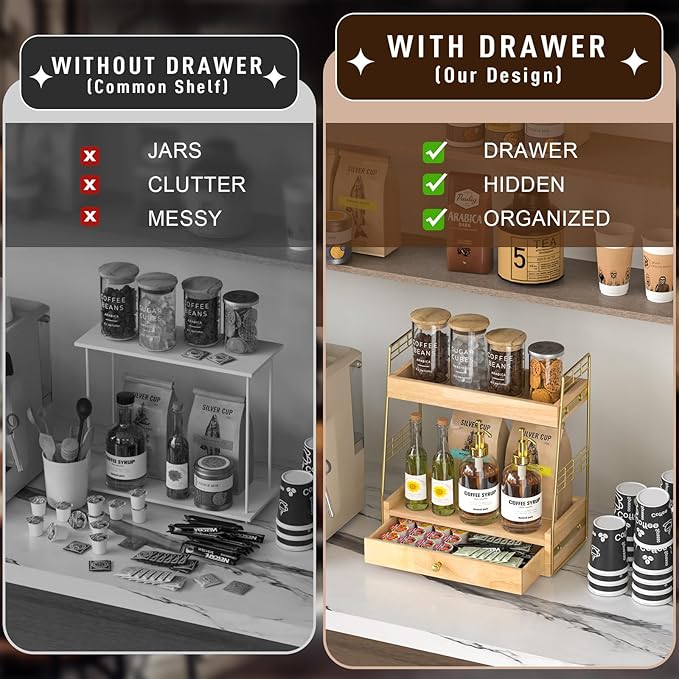 Coffee Bar Station Organizer with Built-In Drawer, 2-Tier Countertop Shelf for Tea Bags, Coffee Accessories, Syrup Bottles (Natural)