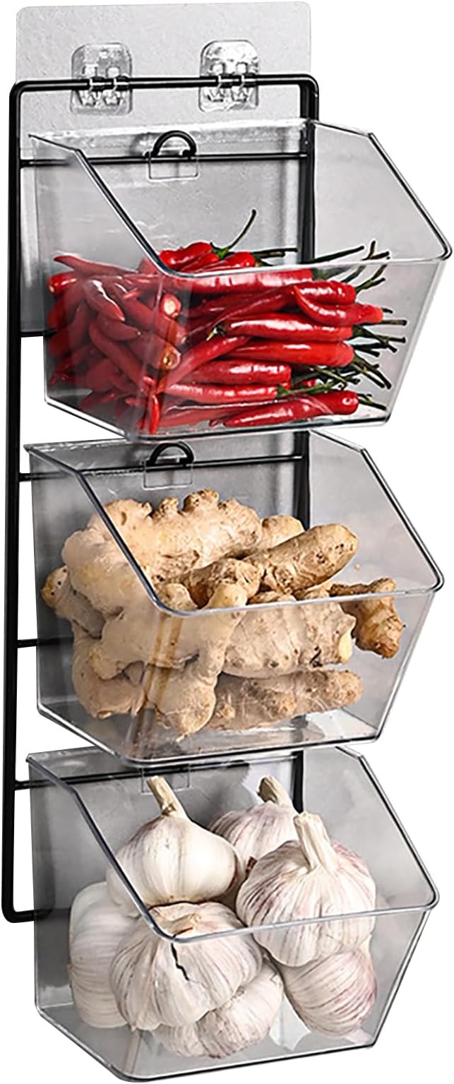 3-Pack Small Clear Storage Baskets, Wall Mounted Adhesive Spice Rack Plastic Storage Bins Kitchen Wall Organizer and Storage Shelves, Spice Organizer for Countertop/Cabinet/Bathroom