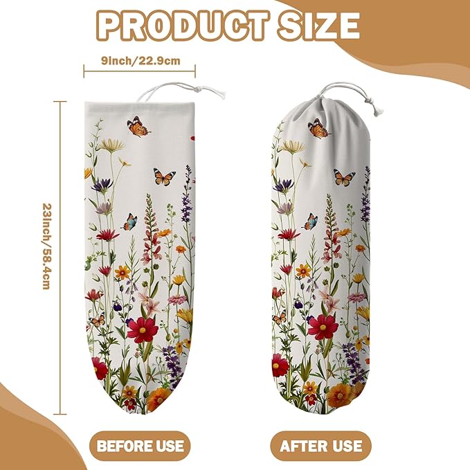 Plastic Bag Holder, Grocery Bag Organizer Storage, Kitchen Dispenser Holders Reusable Shopping with Adjustment Drawstring Closure for Kitchen Farmhouse Decor, Flower and Butterfly