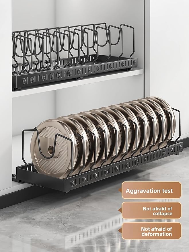 pull out pots and pans organizer under cabinet,pot lid organizers inside cabinet holders for kitchen,Horizontal and vertical pulling modes,lid rack for pot lids (White vertical)