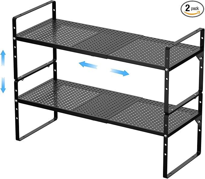 Expandable Kitchen Cabinet Shelf Organizer 2 Pack, Stackable Metal Pantry Storage Shelves, Adjustable Counter Shelf Organizer Rack for Kitchen Cabinets, Cupboard, Countertop, Closet, Black