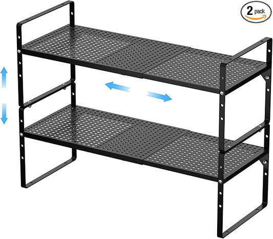 Expandable Kitchen Cabinet Shelf Organizer 2 Pack, Stackable Metal Pantry Storage Shelves, Adjustable Counter Shelf Organizer Rack for Kitchen Cabinets, Cupboard, Countertop, Closet, Black