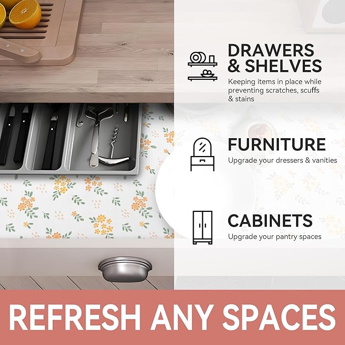 RAY STAR Shelf Liner, 18 Inch x 16 Feet Non Adhesive Orange Floral Kitchen Cabinet Liner for Pantry Drawer Vanity, Strong Grip Non Slip Waterproof, Shelf Liners for Kitchen Cabinets Cupboard