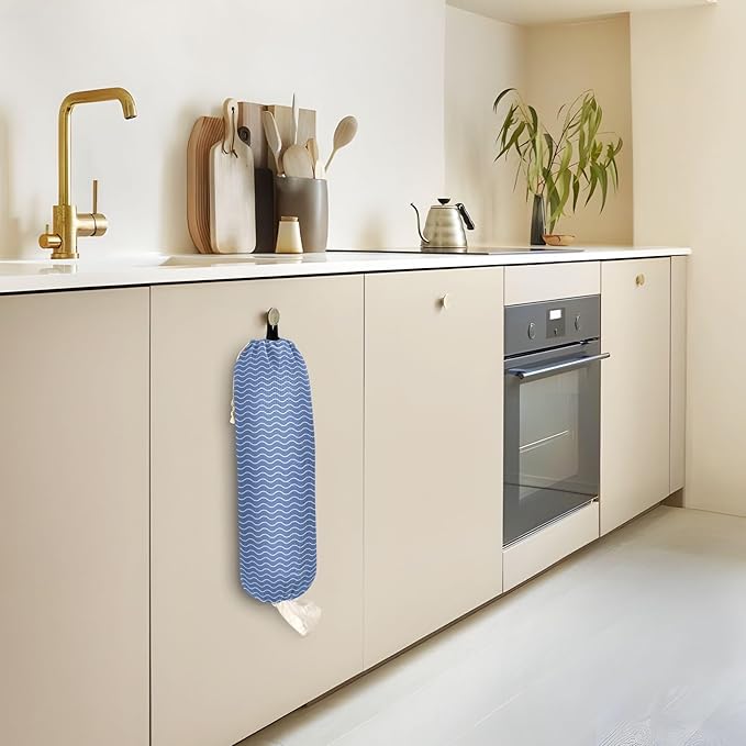 2 PCS Plastic Bag Holder Wall Mount Grocery Bag Holder Shopping Bag Trash Bag Storage Organizer Dispenser for Kitchen Closet 22 x 9 Inch Blue Wavy Lines