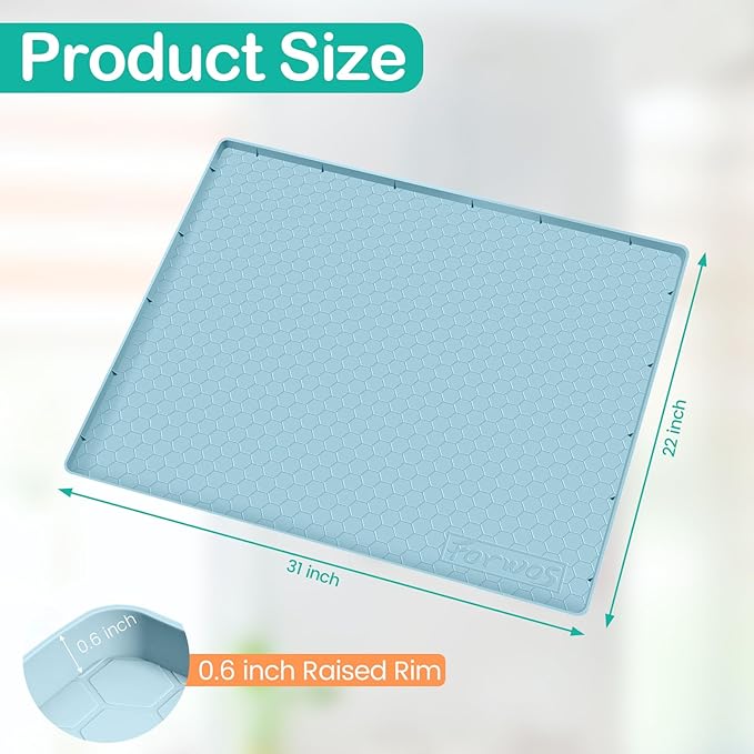FORWOS Waterproof Under Sink Mat 31" x 22", Silicone Cabinet Liner, Rubber Protector for Kitchen and Bathroom, Keeps Cabinets Clean, Dry, and Organized (Light Blue)