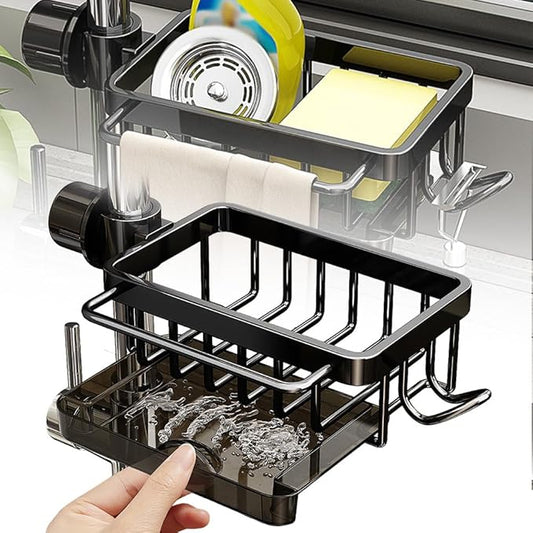 Sink Organizer Rack for Kitchen and Bathroom, 2024 New Kitchen Sink Faucet Organizer with Drip Tray Faucet Sponge Holder (Black, Right)