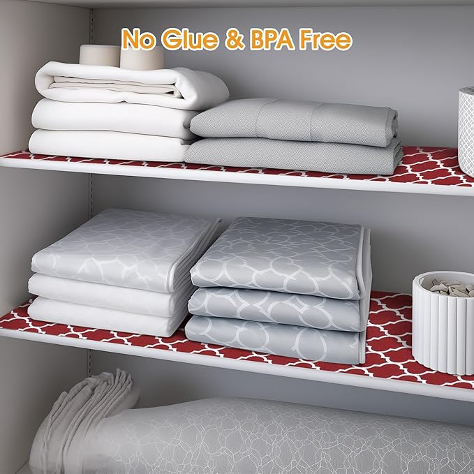 Shinlendid Shelf and Drawer Liner for Kitchen Cabinets Non-Adhesive, Strong Grip Non-Slip Thickened Cabinet Liners for Shelves, Waterproof Mats for Dresser Cupboard, Red/White, 17 in x 10 Feet