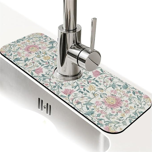 Kitchen Sink Splash Guard，Pastel floral Faucet Mat Sink Gadgets-Super Absorbent Fast Drying Mat Drip Catcher for Kitchen, Bathroom,Sink Mat, Dish Drying Mat, Bathroom(15" X 5.5" )