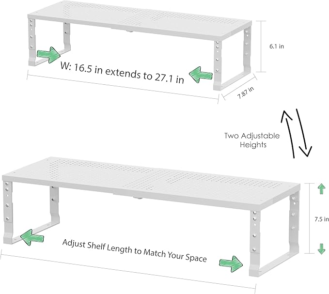 Flat Top Storage Rack - Expandable 16.5"~27" W Countertop Space Saver, Heavy-Duty Steel Construction, Powder Coated Finish for Kitchens, Bathrooms, Workshops or Offices