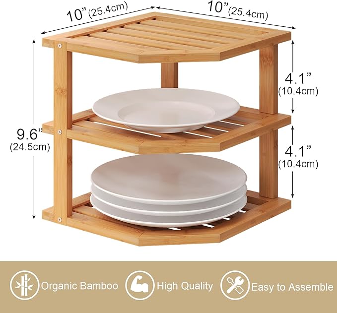 3 Tier Bamboo Corner Shelf(4 Pack),Dish Drying Rack,Plate Organizer,Kitchen Spice Rack for Countertop and Cabinet