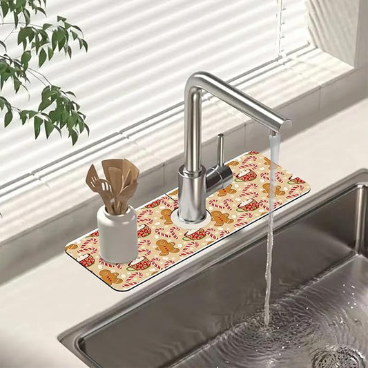 Chrismas Sink Splash Guard Faucet Mat Christmas Absorbent Fast Drying Mat Sink Gadgets Splash Guard Behind Faucet Drip Catcher for Kitchen Bathroom 15.5"X5.5"
