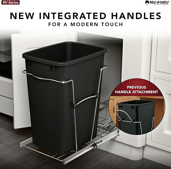 Rev-A-Shelf Pullout Trash Can for Kitchen Cabinets 35 Qt Garbage Waste Recyling Bin with Full Extension Slides, Red, RV-12KD-16C-S