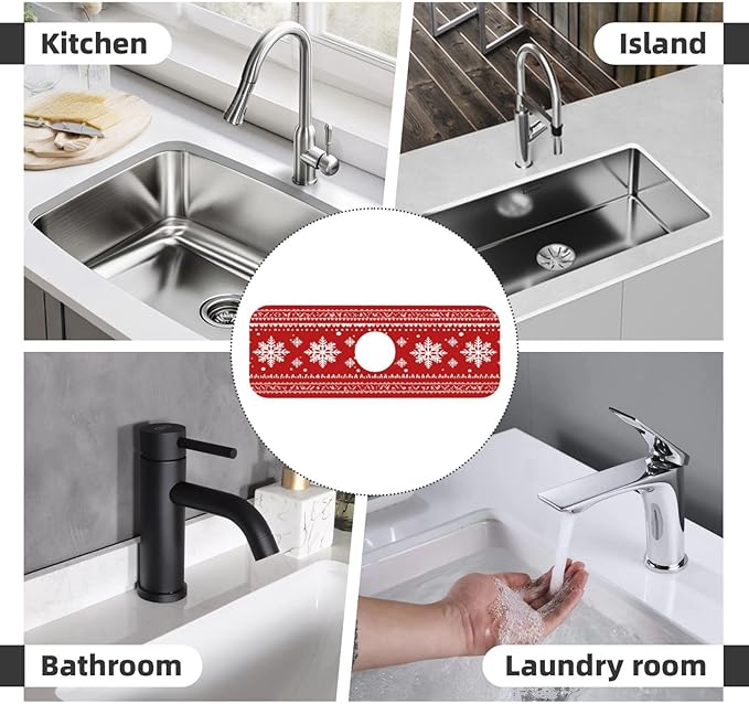 Sink Faucet Mat Red Winter Snowflake Kitchen Splash Guard Absorbent Bathroom Sink Mat Around Faucet 15" x 5.5" Drying Mats Stone Draining Mat