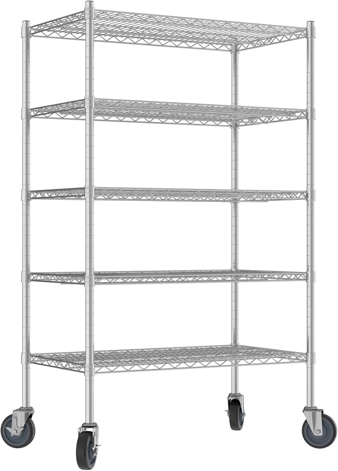 Commercial NSF Listed Chrome Mobile Wire Shelving Kit 21" x 36" x 60", with 5 Shelves Perfect for Warehouse, Walk-in Refrigerator, Freezer, Grocery Store, Restaurant, Dishroom