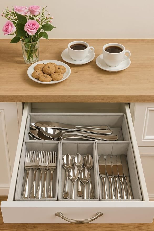 Drawer Organizer - 4-Piece Rigid Fabric Storage Bin Set - Fits Gallon, Quart and Sandwich Bags, Utensils & Silverware