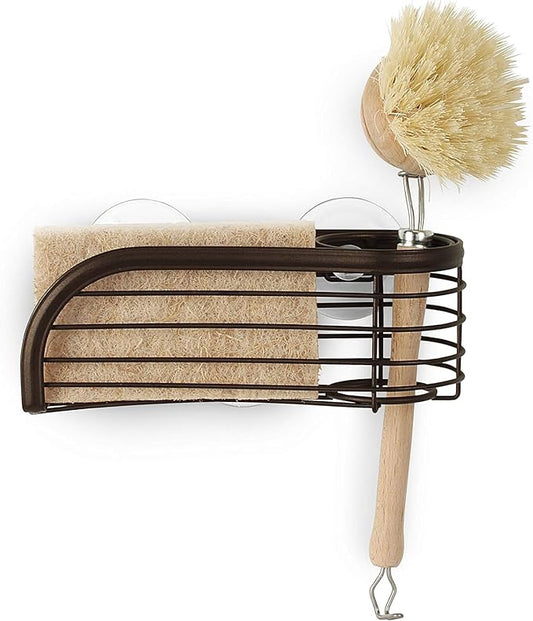 Spectrum Ashley Sink Sponge and Brush Holder with Suction Cups 2 in 1 Sink Caddy Bronze, No Rust Easy Mount Suction Cup Kitchen Sink Sponge and Brush Holder Hanging Wire Cradle Promotes Quick Drying